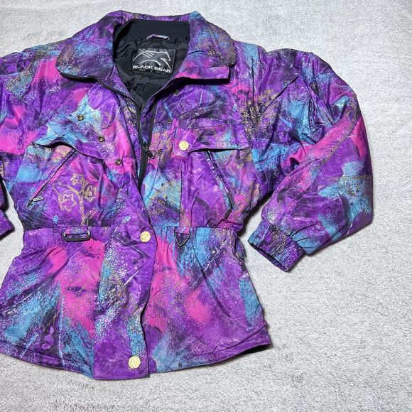 Vintage Black Bear Ski Jacket Womens 8 Purple Abstract Splash All Over Print 80s - Picture 6 of 13